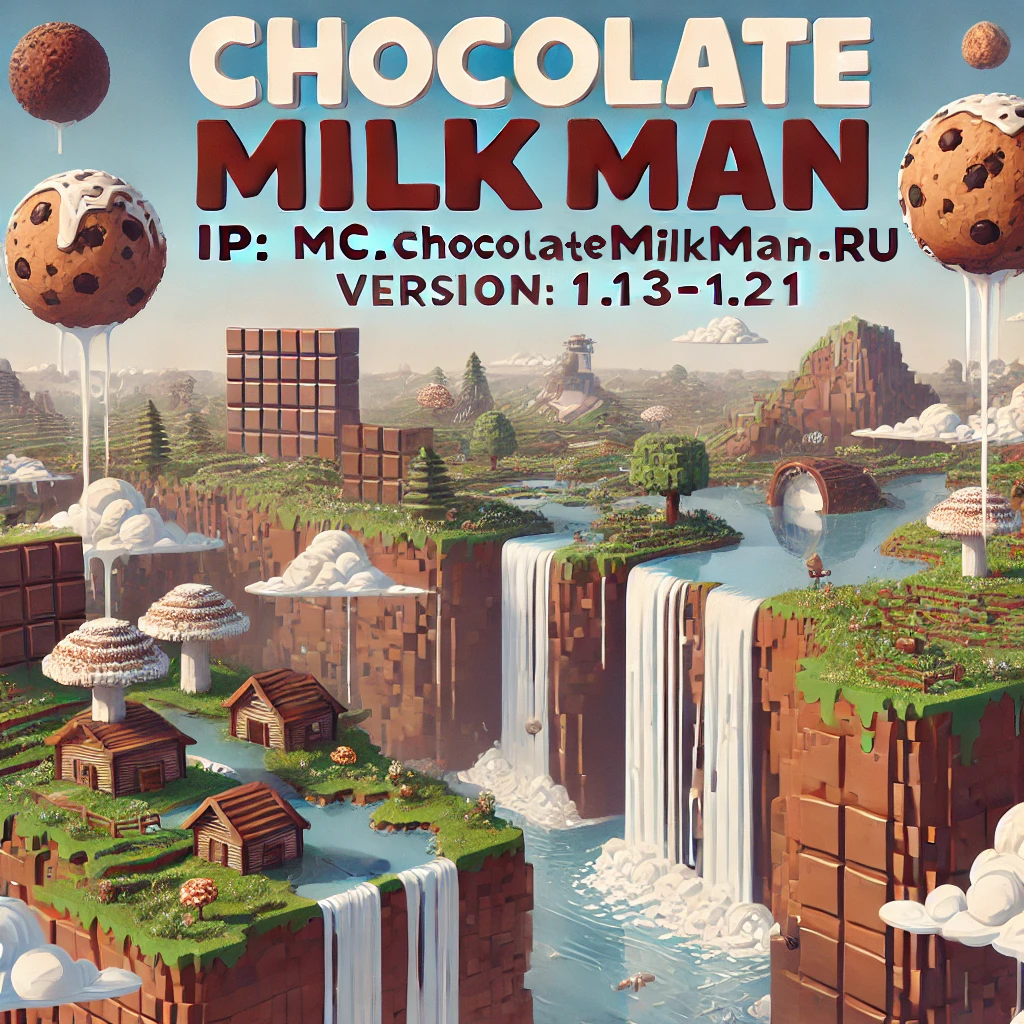 Красочный рекламный баннер Minecraft-сервера ChocolateMilkMan. На изображении представлены элементы шоколадного мира: горы из шоколада, водопады молока, дома, леса и грибные структуры, а также информация о сервере — IP: mc.chocolatemilkman.ru и версии 1.13–1.21.